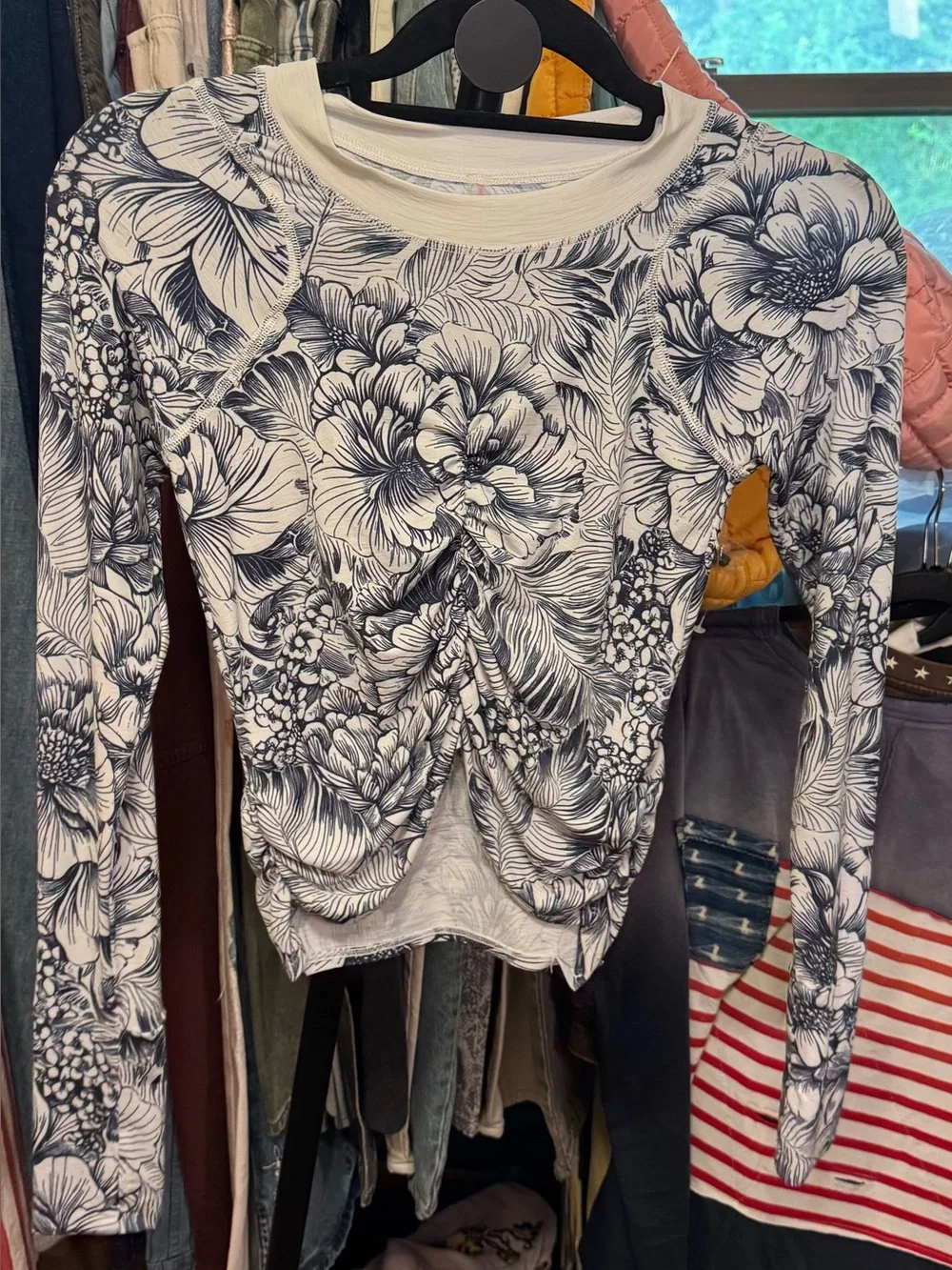 NWOT Free People FP Movement Tempo Ruched Printed Long Sleeve - navy floral - S